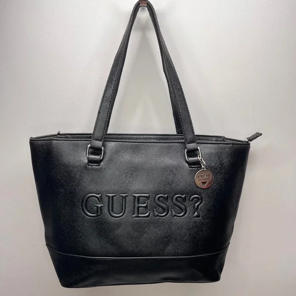 Y2K-era Guess Black Embossed Logo Tote Handbag Shoulder Bag - Picture 1 of 12